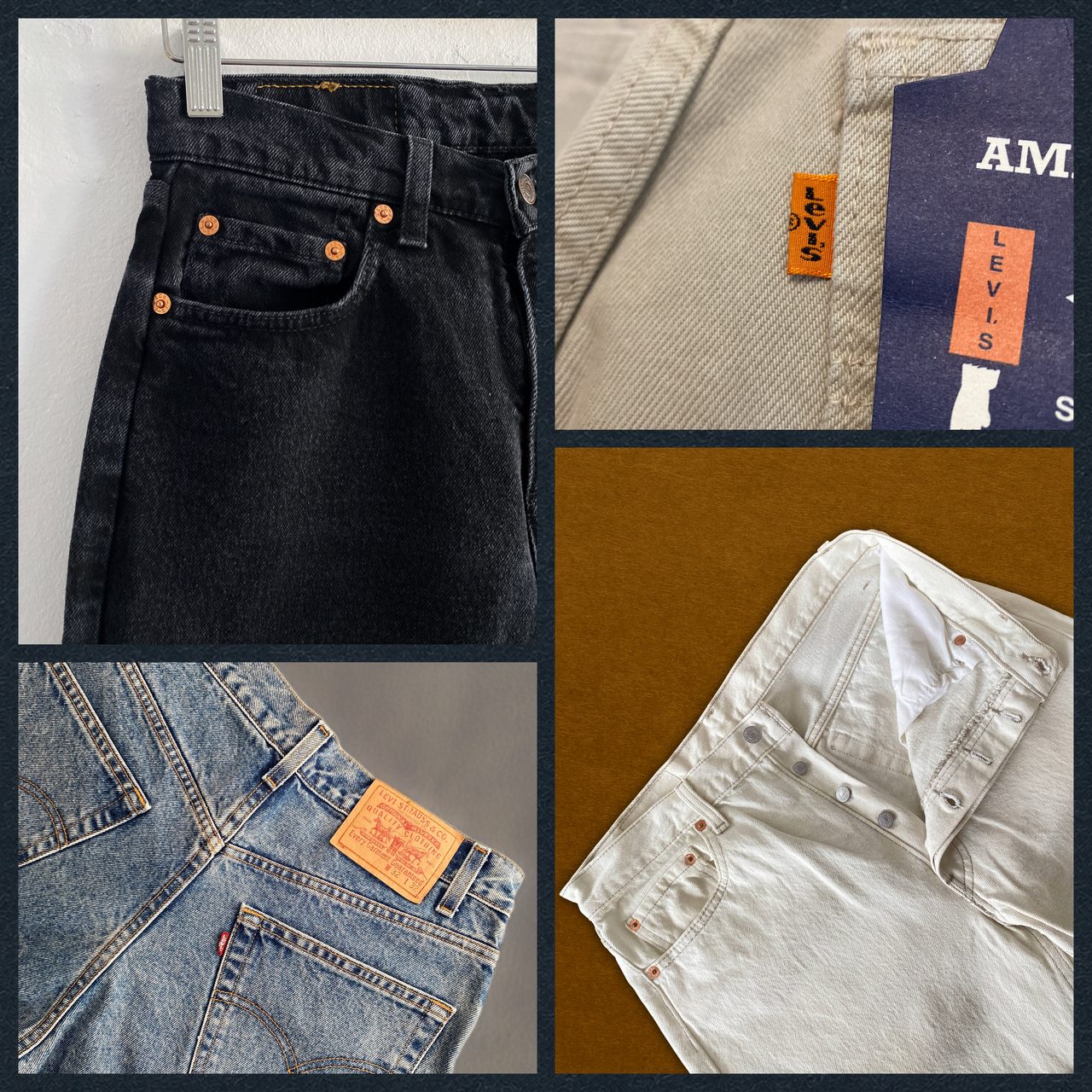 Vintage denim details — fades, red tabs, buttons and inner tags across several pairs.